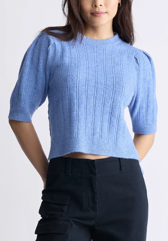 Jaxie Women's Elbow-Length Puff-Sleeve Knit Sweater, Heather Blue - SW0076F Hooded Sweater Collared Sweater Shawl Collar Jaxie Women's Elbow-Length Puff-Sleeve Knit Sweater, Heather Blue - SW0076F Hooded Sweater Collared Sweater Shawl Collar