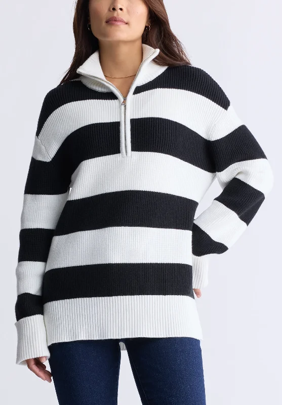 Storme Women's Striped Quarter-zip Oversized Sweater, Black & White - SW0089H Open Front Closed Front Wrap Front Storme Women's Striped Quarter-zip Oversized Sweater, Black & White - SW0089H Open Front Closed Front Wrap Front
