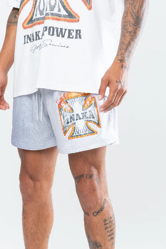 CROSS FLAME MESH SHORTS - CHROME