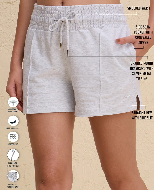 Nykd By Nykaa Summer Essential Smocked Waist Lounge Cotton Terry Shorts -NYLE603-Grey Melange