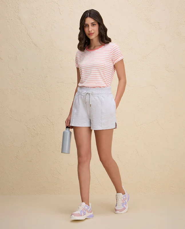 Nykd By Nykaa Summer Essential Smocked Waist Lounge Cotton Terry Shorts -NYLE603-Grey Melange