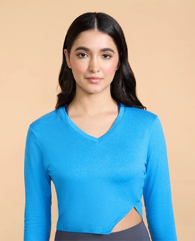 Full Sleeves Crop Top in Feather Feel Fabric Cobalt Blue