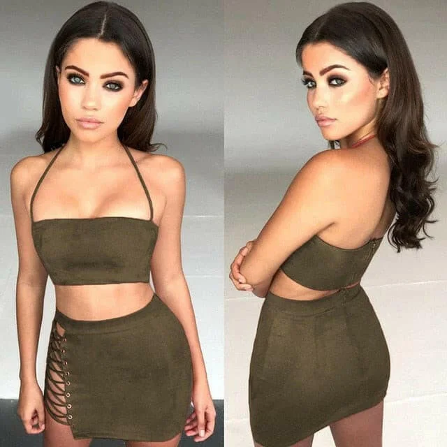 Bandage Summer Skirt Clothes Sets Halter Crop Tops +Lace Up Bandage Hot Skirts 2 Piece Summer Party Club Wear