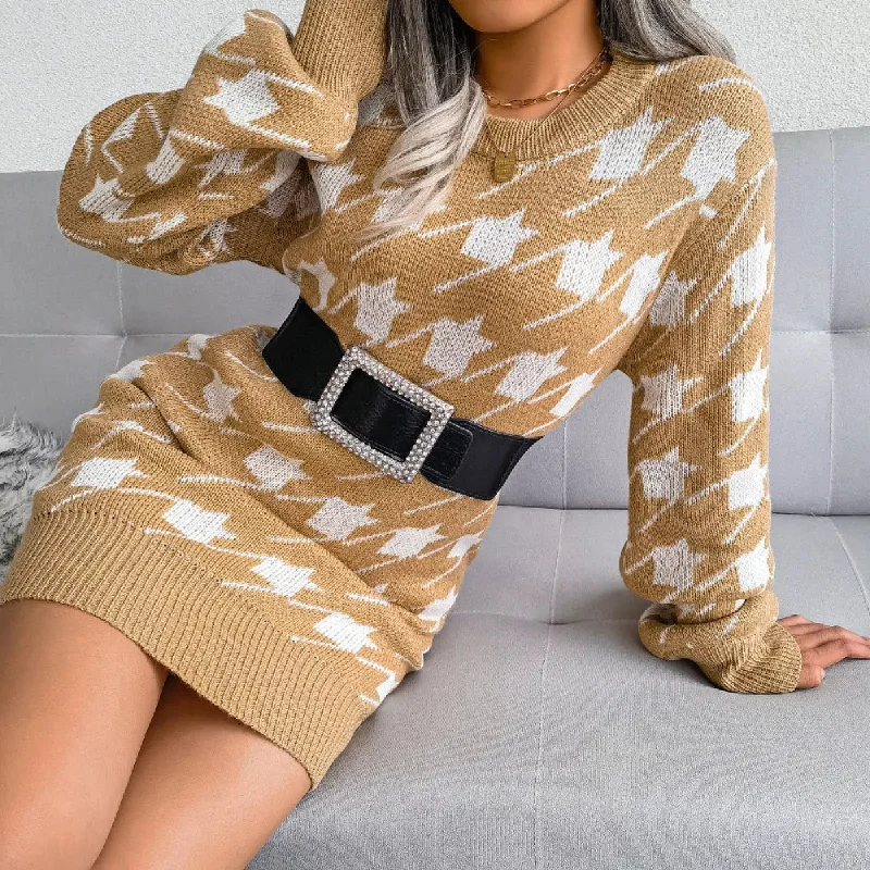 Casual Lantern Sleeves Houndstooth Knitted Mini Dress