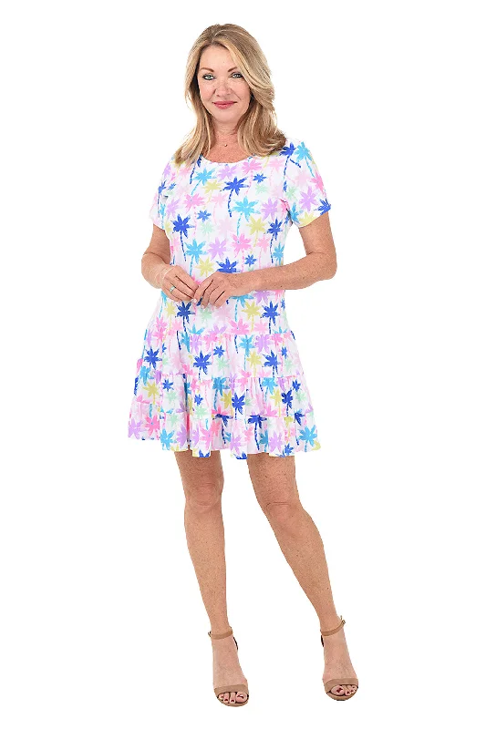 Brushstroke Palms Tiered Short Sleeve Dress