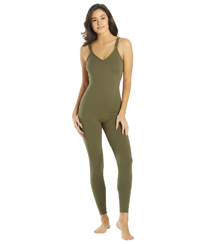 Everyday Yoga Radiant Solid Strappy Back Long Leotard 28"" Dark Olive