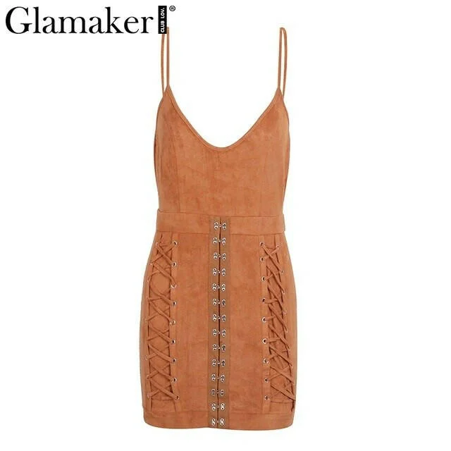 Glamaker Lace up suede summer dress Women deep v neck bodycon sexy dress Spring elegant party short mini dress vintage vestidos