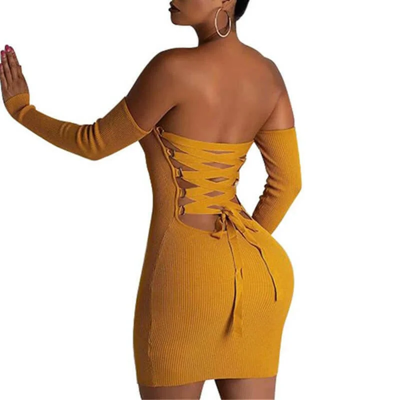 Knitted Long Sleeve Mini Bandage Dress Club Party Winter Off Shoulder Backless Lace Up Bodycon Dresses