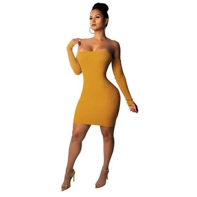 Knitted Long Sleeve Mini Bandage Dress Club Party Winter Off Shoulder Backless Lace Up Bodycon Dresses