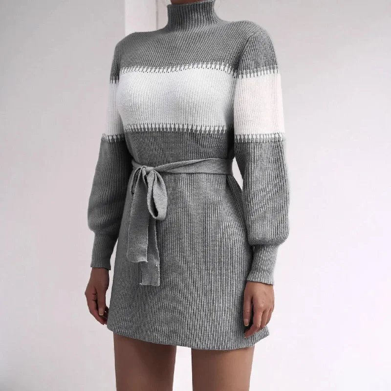 Lantern Long-Sleeved Mockneck Knitted Mini Dress