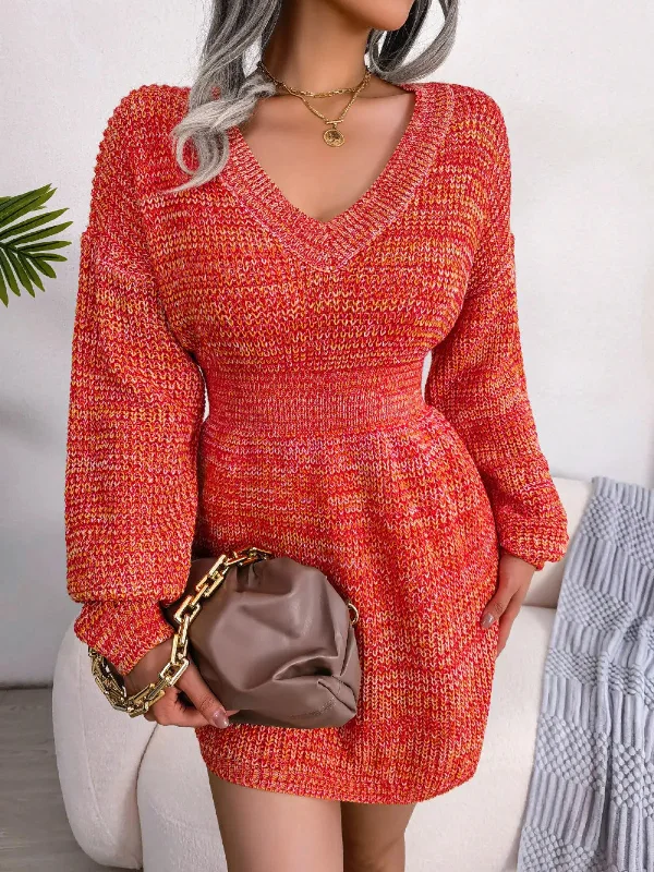 Lantern Sleeve Cinched Waist Sweater Dress