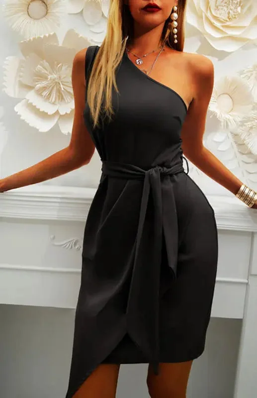 Sloping Shoulder Irregular Tie Solid Color Dress