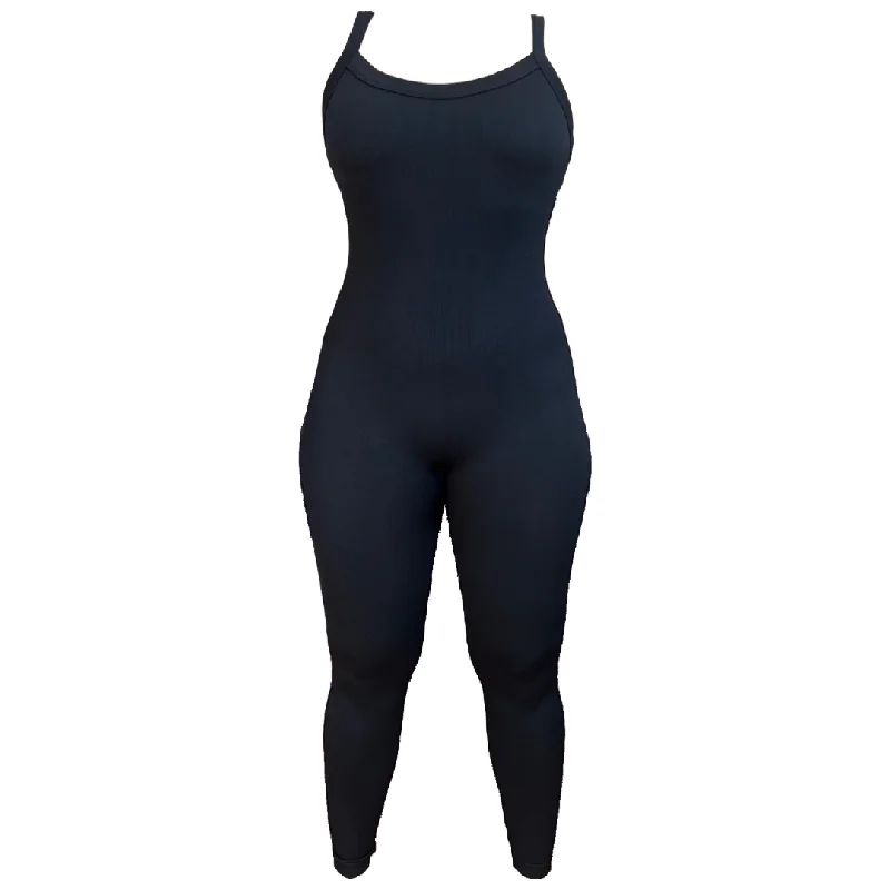 Black Full Length Seamless Micro-Ribbed Jumpsuit