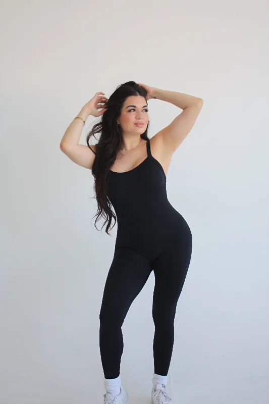 Black Full Length Seamless Micro-Ribbed Jumpsuit