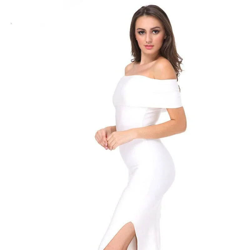 White Celebrity Runway Bandage Dress Women Black Red Sexy Off Shoulder Midi Bodycon Evening Party Dress Vestido