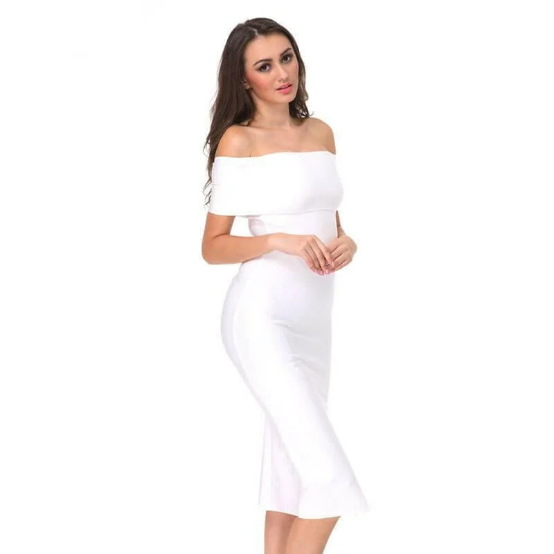 White Celebrity Runway Bandage Dress Women Black Red Sexy Off Shoulder Midi Bodycon Evening Party Dress Vestido