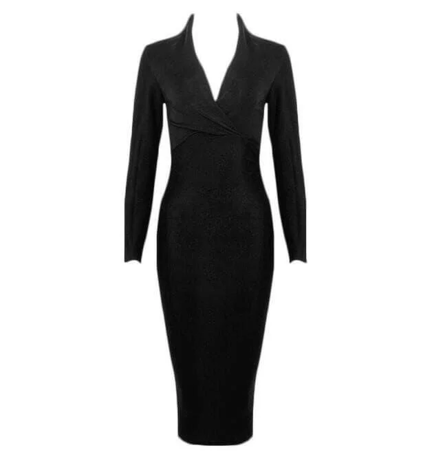 Women White Bandage Dress Long Sleeve Winter V Neck Bandage Bodycon Dress Party