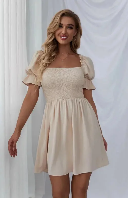 Puff Sleeve Short Sleeve Solid Color Dress