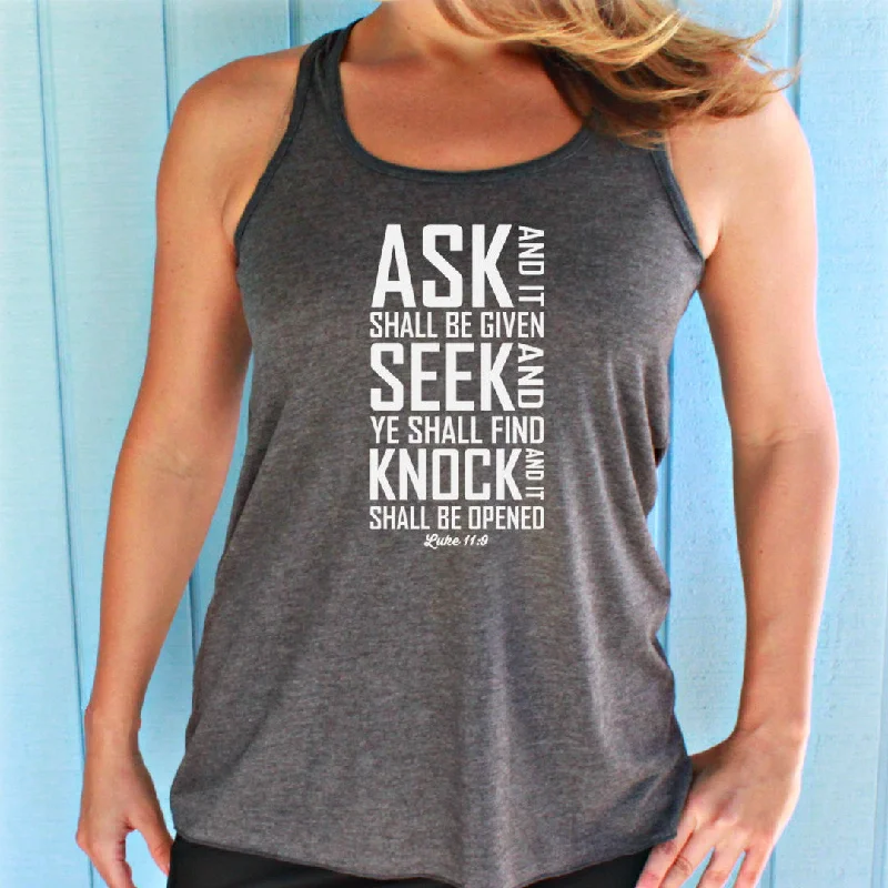 Womens Christian Clothing Workout Tank. Flowy Exercise Tank. Ask Seek Find Luke 11:9 Bible Verse. Running Tank Top. Workout Inspiration.