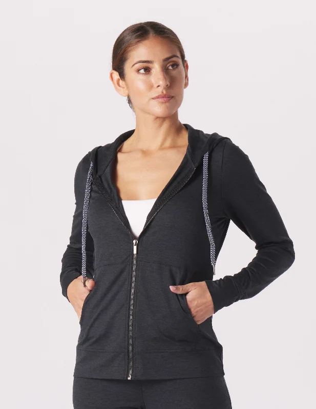 On The Go Lightweight Zip Up Hoodie: Black Marble