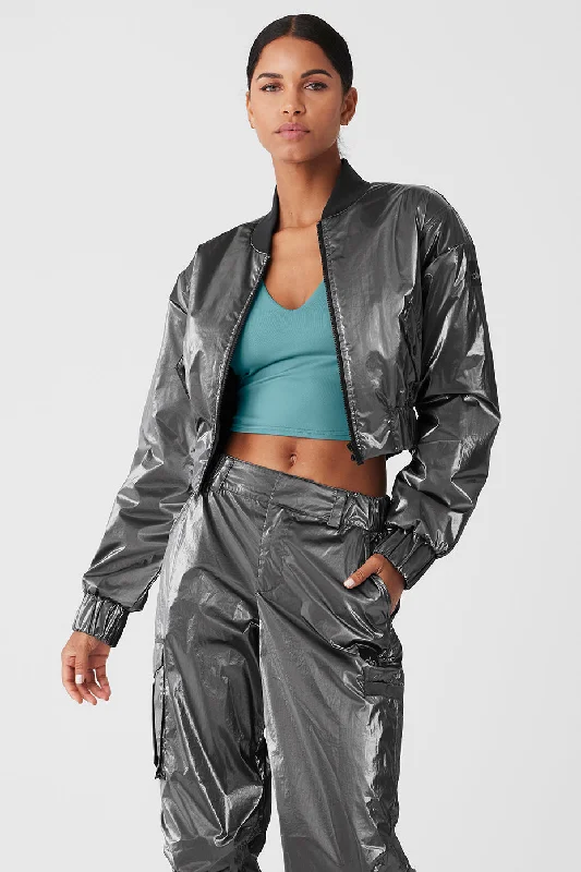 Metallic Cropped Break Line Bomber Jacket - Silver Metallic