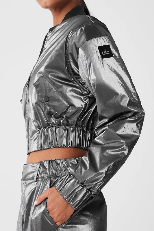 Metallic Cropped Break Line Bomber Jacket - Silver Metallic