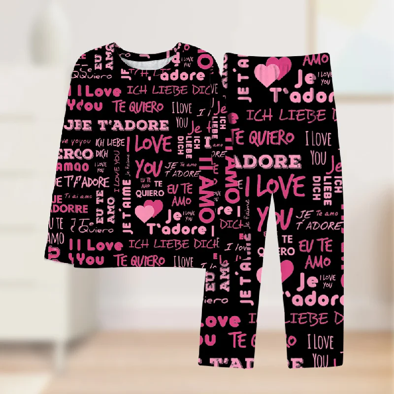 4FunGift® Black and Pink Pajamas Set I Love You in One Hundred Languages Ladies Pajamas