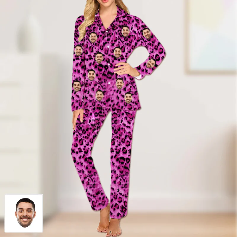 4FunGift® Customized Face Pink Leopard Print Long-Sleeved Pajama Set Sleeping Wear Personalized Gift Valentine's Day