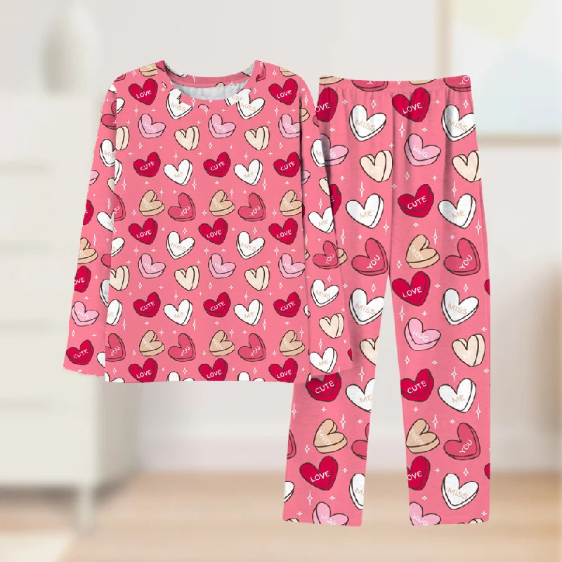 4FunGift® Ladies Love Heart Pink Printed Sleeping Wear Long Sleeve Pajama Set