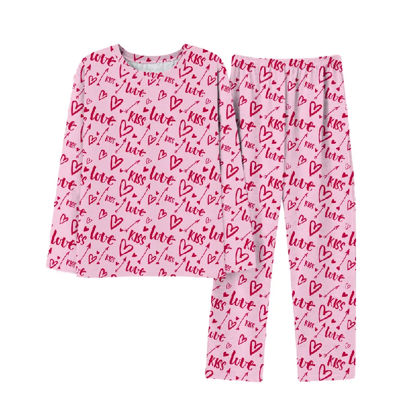 4FunGift® Love Kiss All-Over Multi-Color Pajamas, Valentine's Day Gift for Couples, Long-Sleeved Home Suit, Sleeping Wear