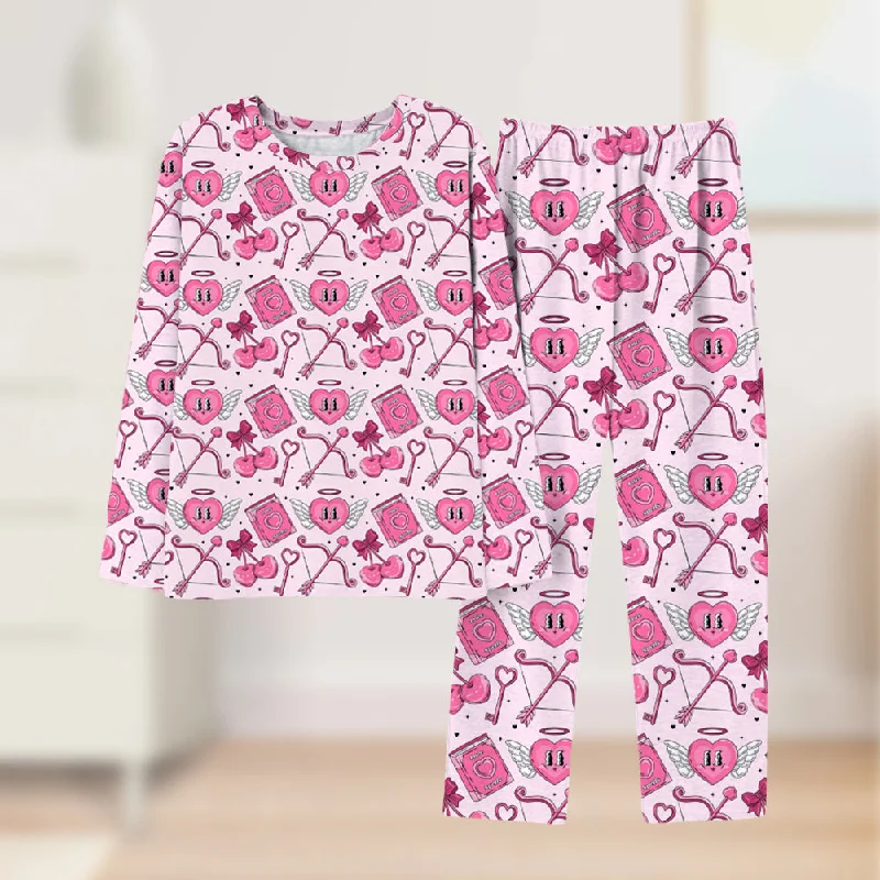 4FunGift® Pink Cupid Women's Pajamas Long Sleeve & Pants Set Home Wear Valentine's Day Gift