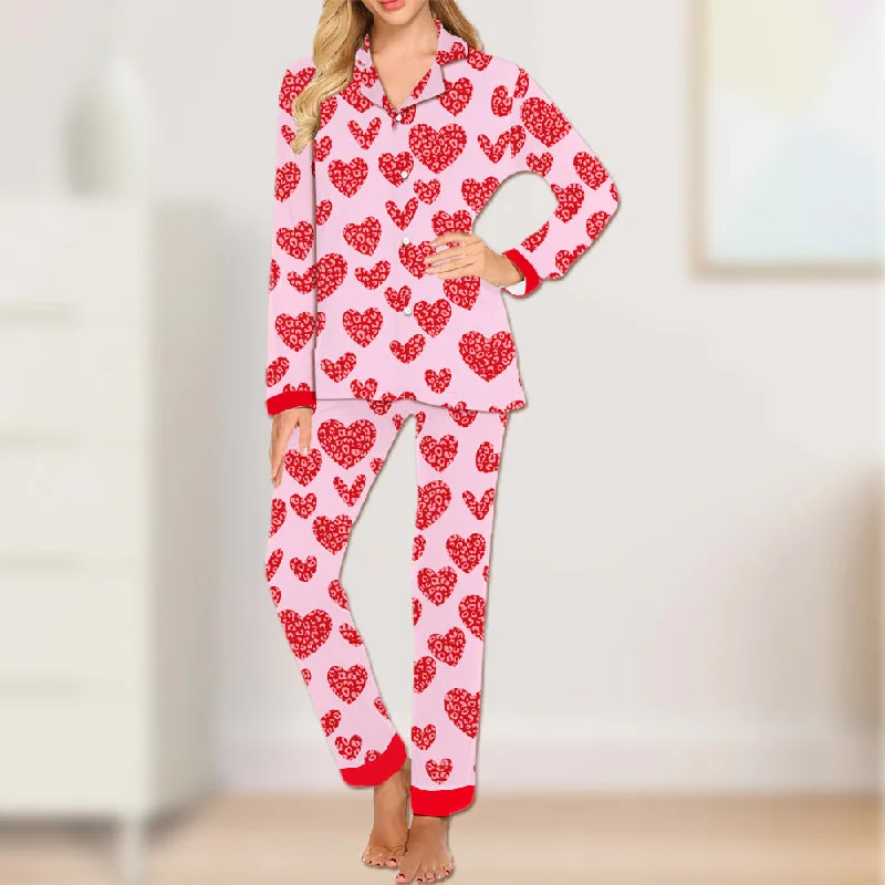 4FunGift® Pink Love Long-Sleeved Valentine's Day Pajamas Suit Gift for Her Sleeping Wear