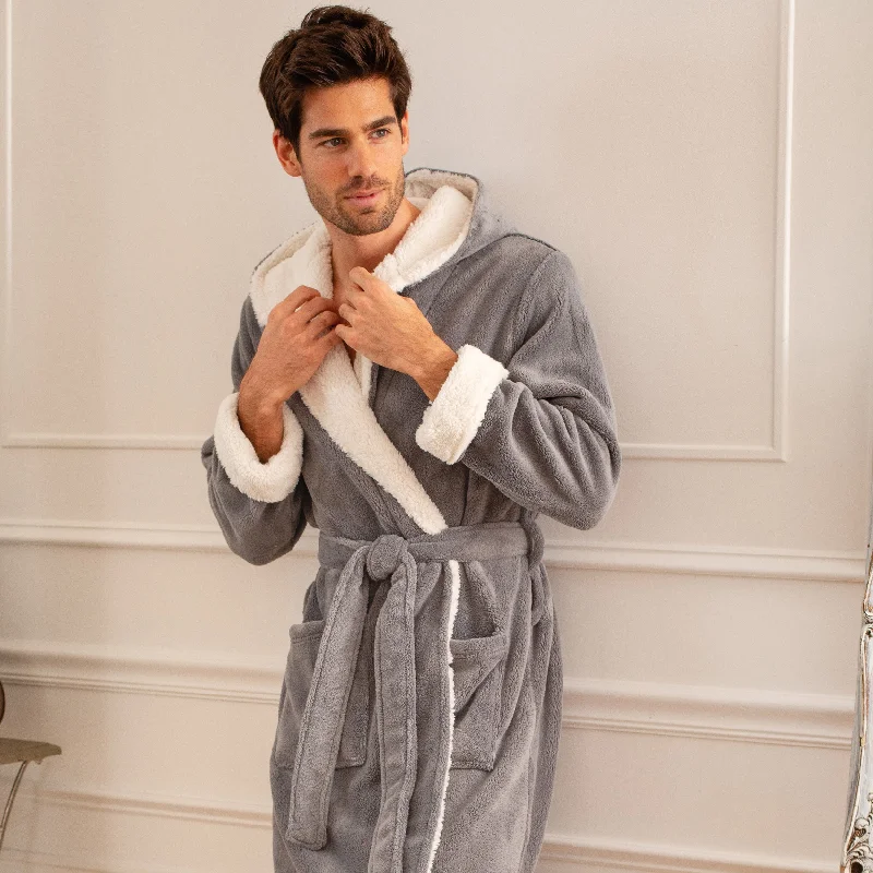 Men’s Long Hooded Sherpa Robe, Hooded Big and Tall Plush Fleece Hoodie Bathrobe