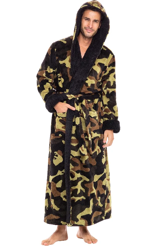 Men’s Long Hooded Sherpa Robe, Hooded Big and Tall Plush Fleece Hoodie Bathrobe