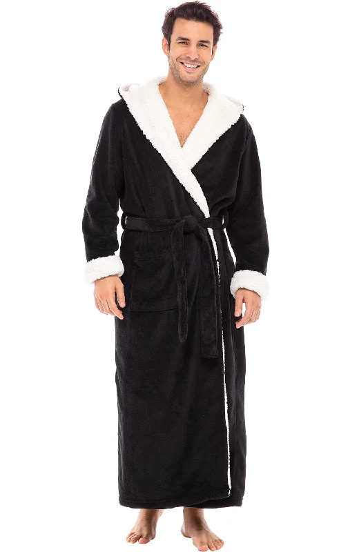 Men’s Long Hooded Sherpa Robe, Hooded Big and Tall Plush Fleece Hoodie Bathrobe