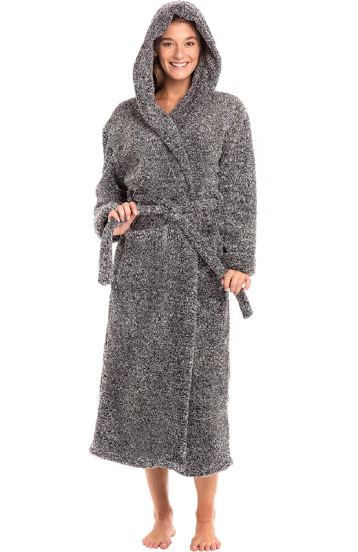 Women's Plush Fleece Hooded Robe, Shaggy Feather Long Bathrobe