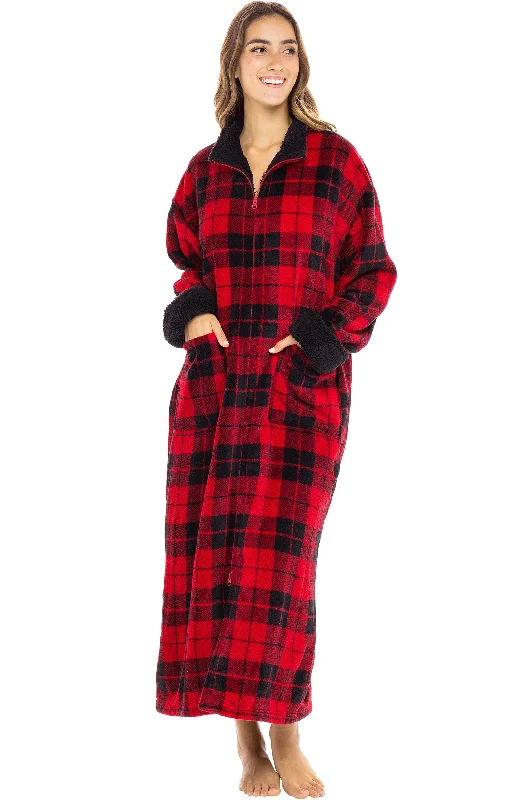 Women's Zip Up Plush Robe, Oversized Bathrobe with Two Way Zipper