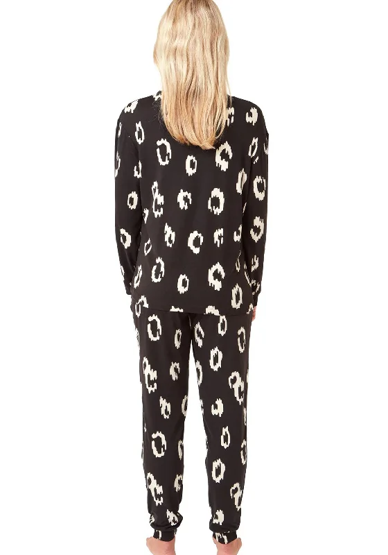 Indigo Sky Animal Print Soft Knitted Pyjama & Eyemask Set, Black