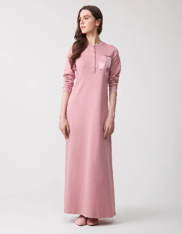 Button Front Nightgown with Satin Pocket and Logo Motif Pink