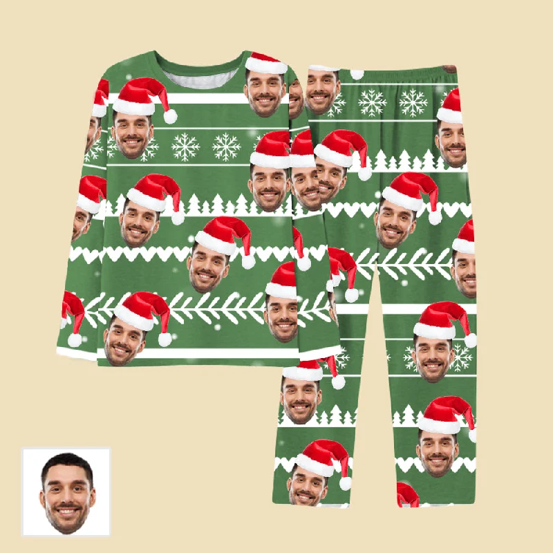 4FunGift® Christmas Snowflake Christmas Tree Print Santa Hat Custom Face Green Pajamas