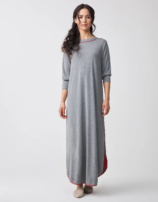 Contrast Tipped Nightgown with Shirt Tail Hem Dark  Heather Gray with Red