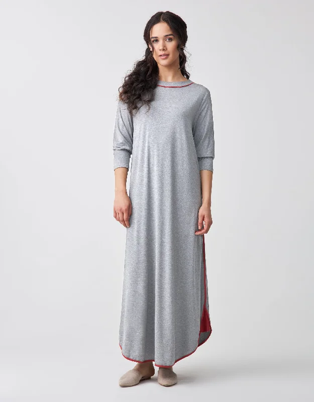 Contrast Tipped Nightgown with Shirt Tail Hem Light Heather Gray with Red