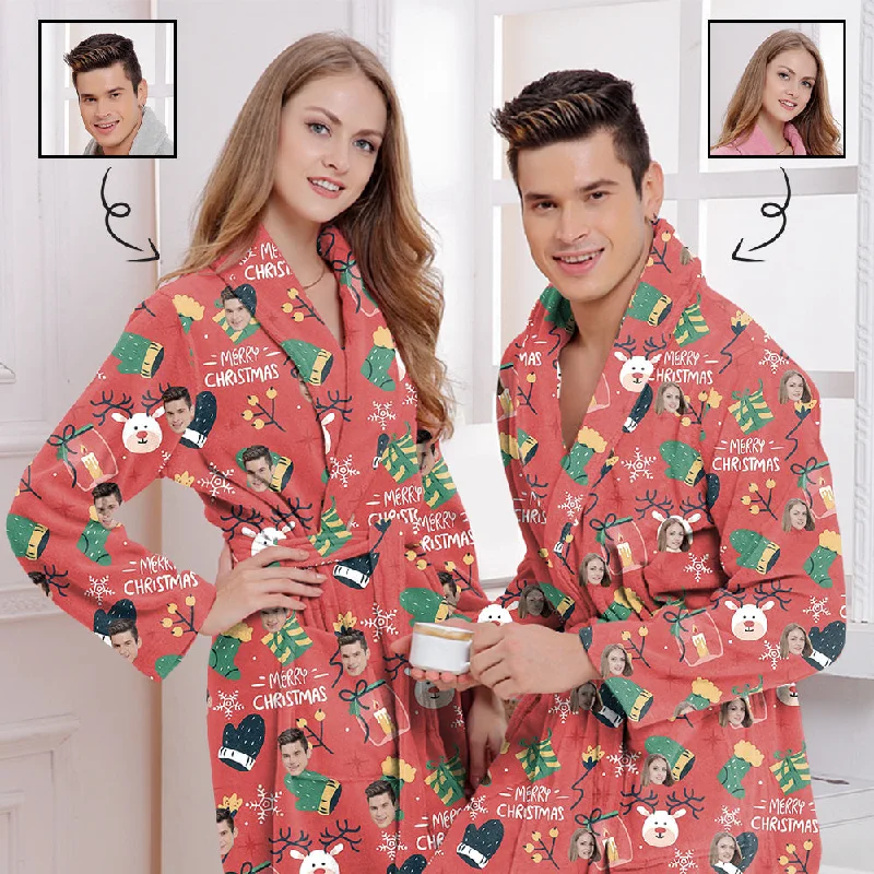 Custom Face Fleece Robe Christmas Personalized All Over Print Pajama Kimono Robe for Men Women