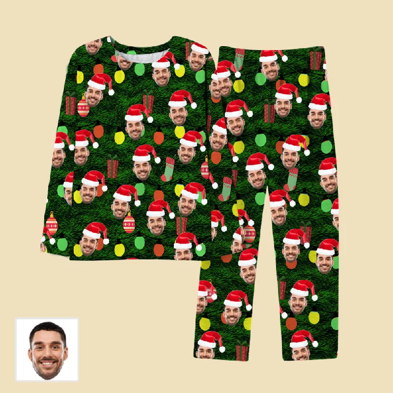 Custom Face Pajamas Green Sleepwear For Couple With Christmas Hat