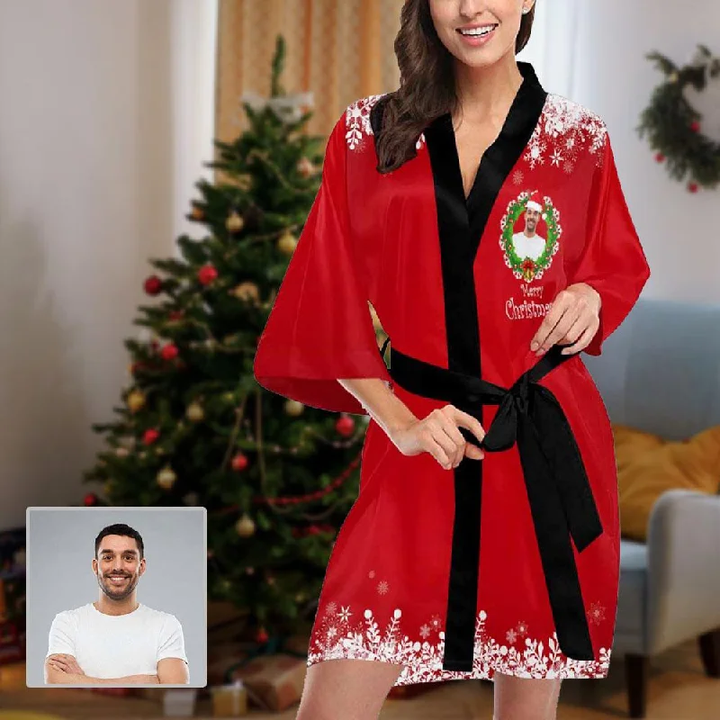 Custom Husband Face Christmas Wreath Women's Summer Short Pajamas Personalized Photo Pajamas Kimono Robe