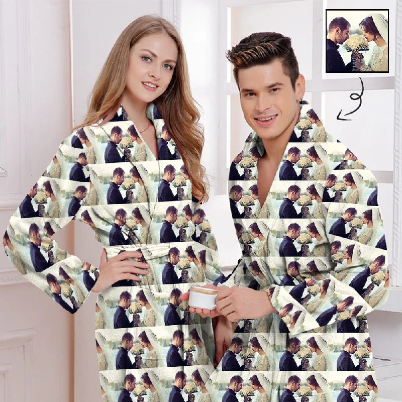 Custom Photo Fleece Robe Couple Pictures Personalized All Over Print Pajama Kimono Robe for Men Women