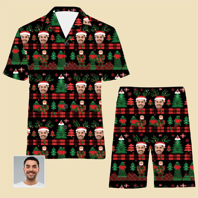 Fun Christmas Gift Customized Face Pajama Set Red Plaid Christmas Tree Print