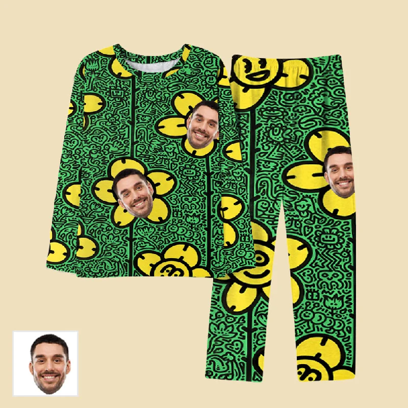 Green Art Graffiti Print Sunflower Sleepwear Customized Face Long Sleeve Pajamas