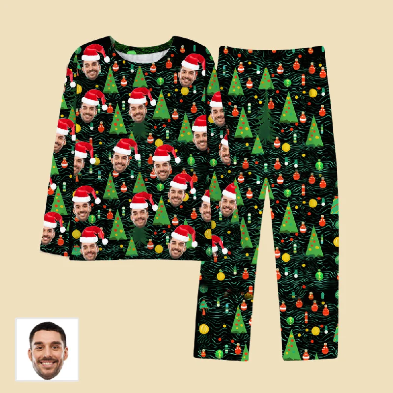 Green Customized Face Pajamas Long Sleeves & Pants Christmas Tree Bells Christmas Atmosphere