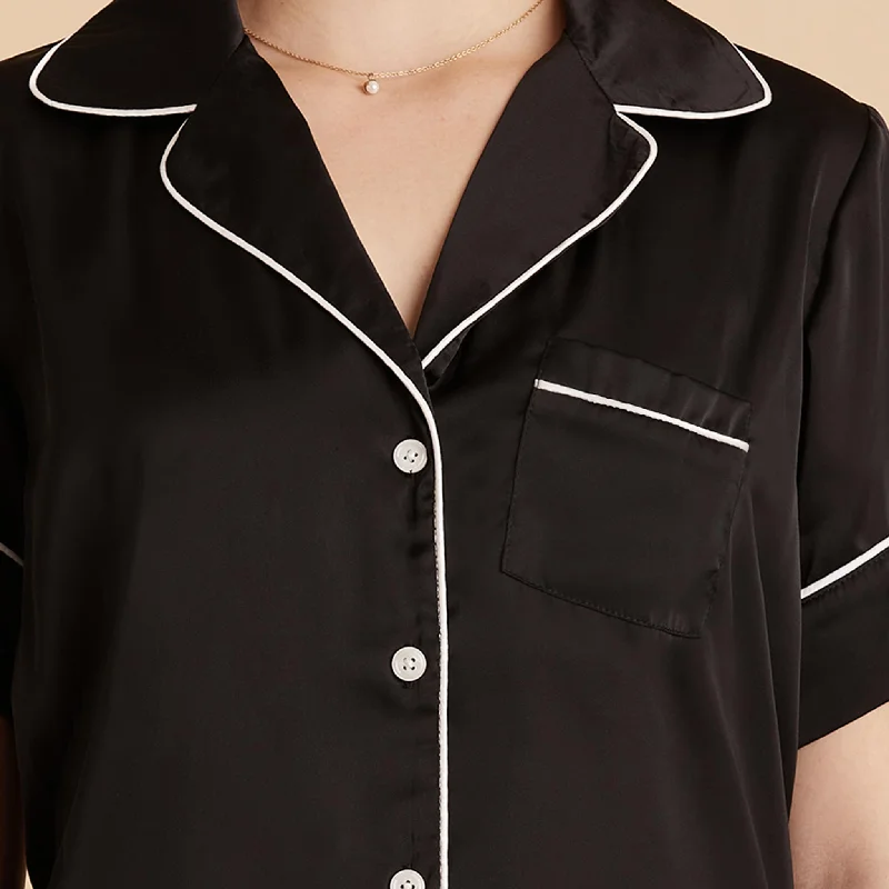 Jonny Satin Short Sleeve Pajama Top - Black